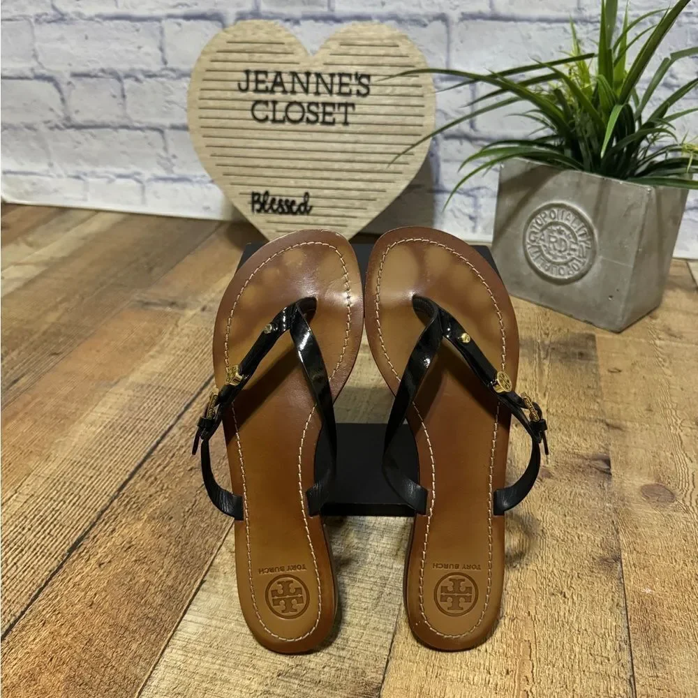 Tory Burch black patent leather mini logo sandals